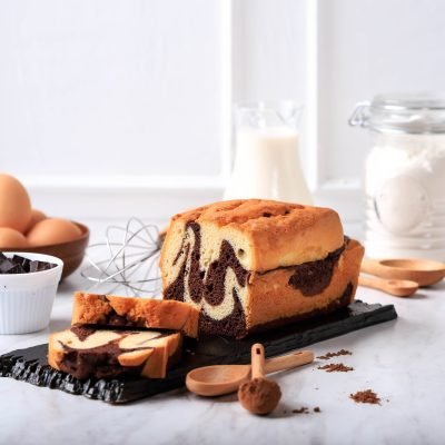Homemade,Chocolate,And,Vanilla,Marble,Loaf,Cake.,Sliced,Served,With